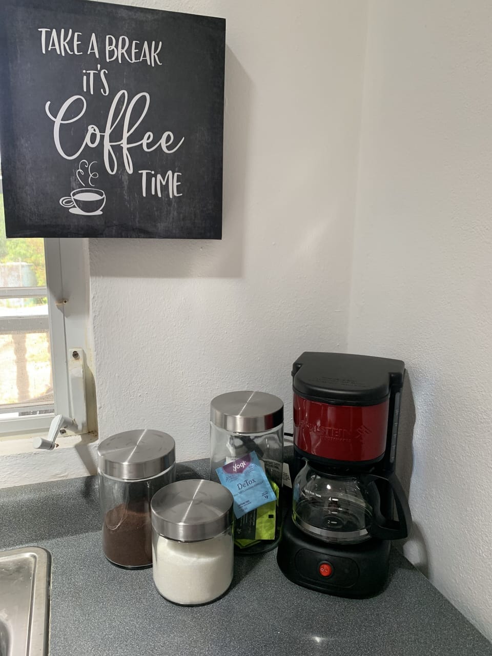 Stocked with coffee and teas. 