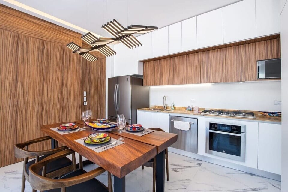 Dining space and kitchen.