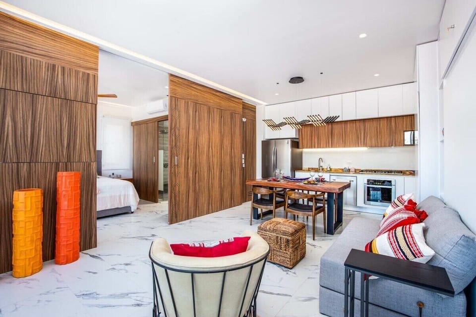 View as you open the sliding doors to access the bedroom.