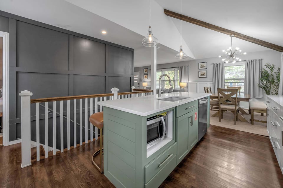 Start the morning with breakfast at the island and end the night with wine and cards in the same spot
— the kitchen does both with room to spare.