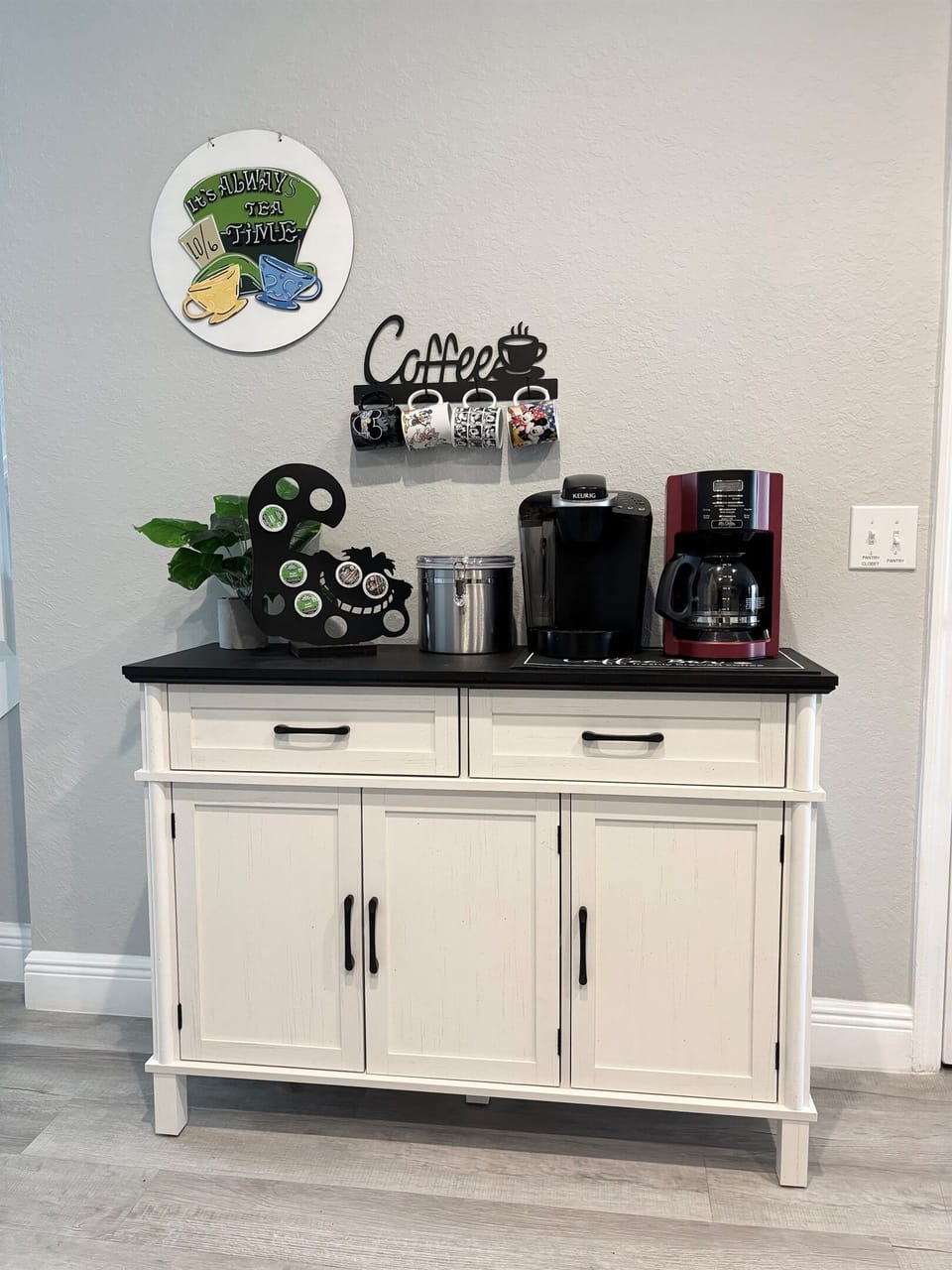 Good morning! Coffee, tea, & hot cocoa station w/Disney mugs in kitchen.