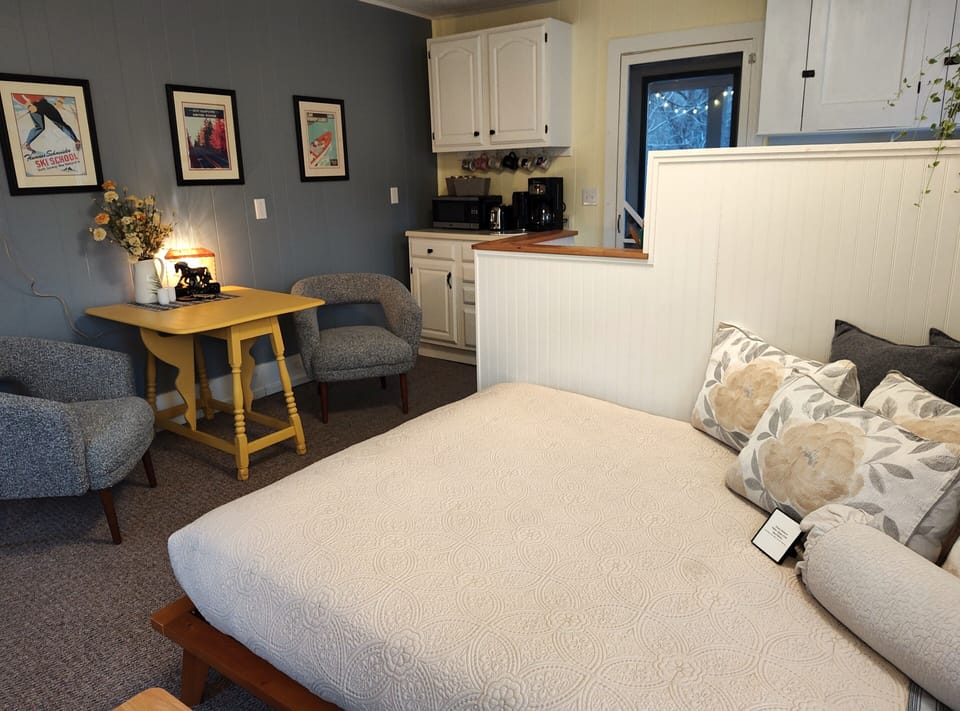 Airy studio: queen bed, dinette set, kitchenette, coffee/tea bar, Roku TV, AC