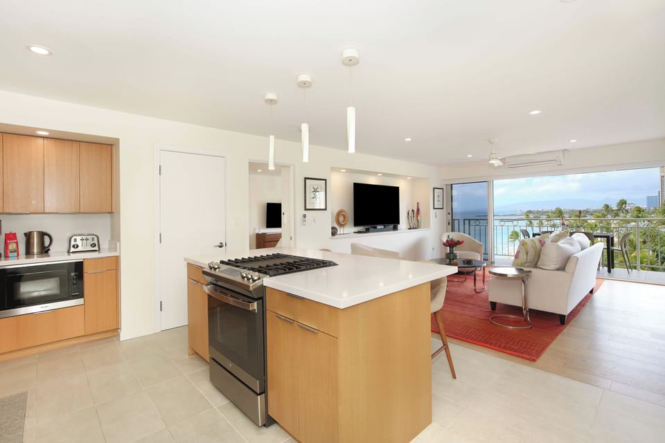 Kitchen into Living Room with Ocean View
