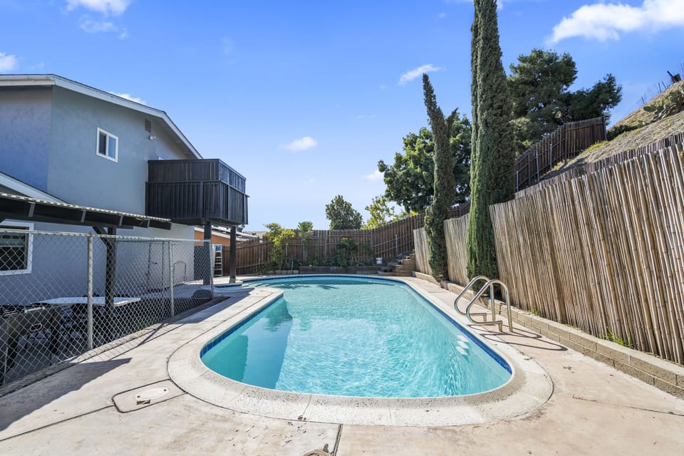 Giant pool with safety gate, seating, solar heat, gas heat for $100/day.