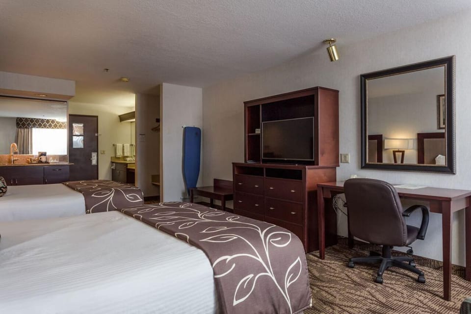 Settle in with a dedicated workspace and easy in-room entertainment.