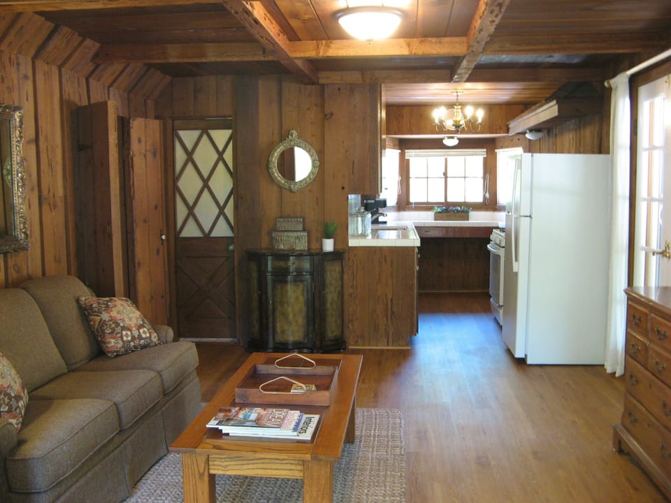 Full size galley kitchen and cozy living room 