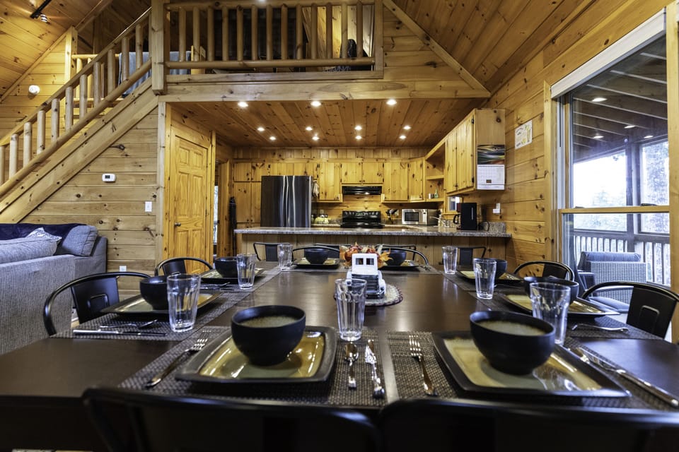 Comfortably seats 8, has 4 counter stools, and a high chair for the littles!
