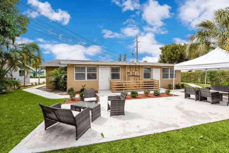 Shared backyard with seating area. 