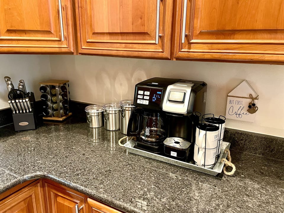 Main Cottage 
Single or 12 cup Carafe Hamilton Beach coffee maker provided coffee sugar creamer tea complimentary 