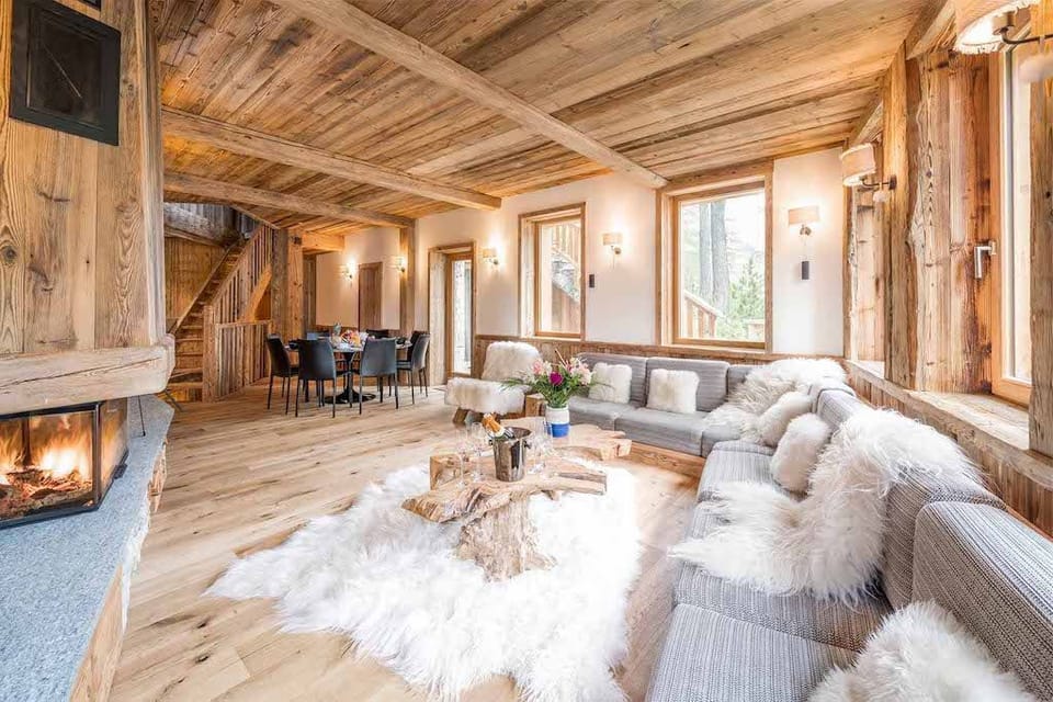 The luscious sheepskin rugs in the living area give the chalet an authentic and cosy feel.