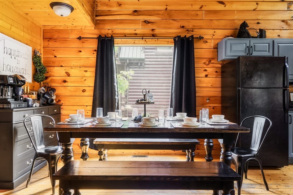 Enjoy a meal at our custom dining table with plenty of seating