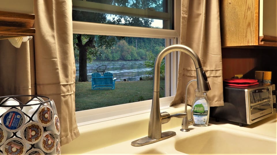 The kitchen has a nice view of the river