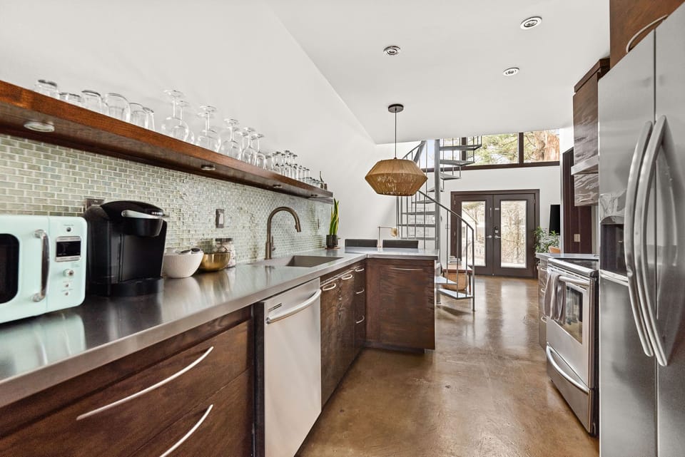 Perfectly placed shelving and counterspace in this delightful kitchen