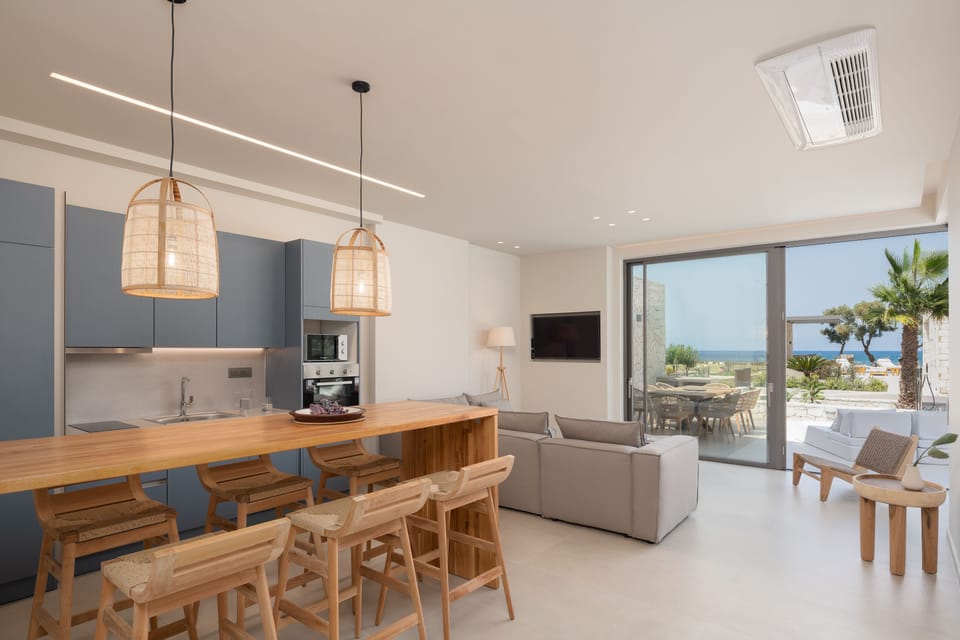 The rough-luxe kitchen is well-equipped for a self-catering stay.