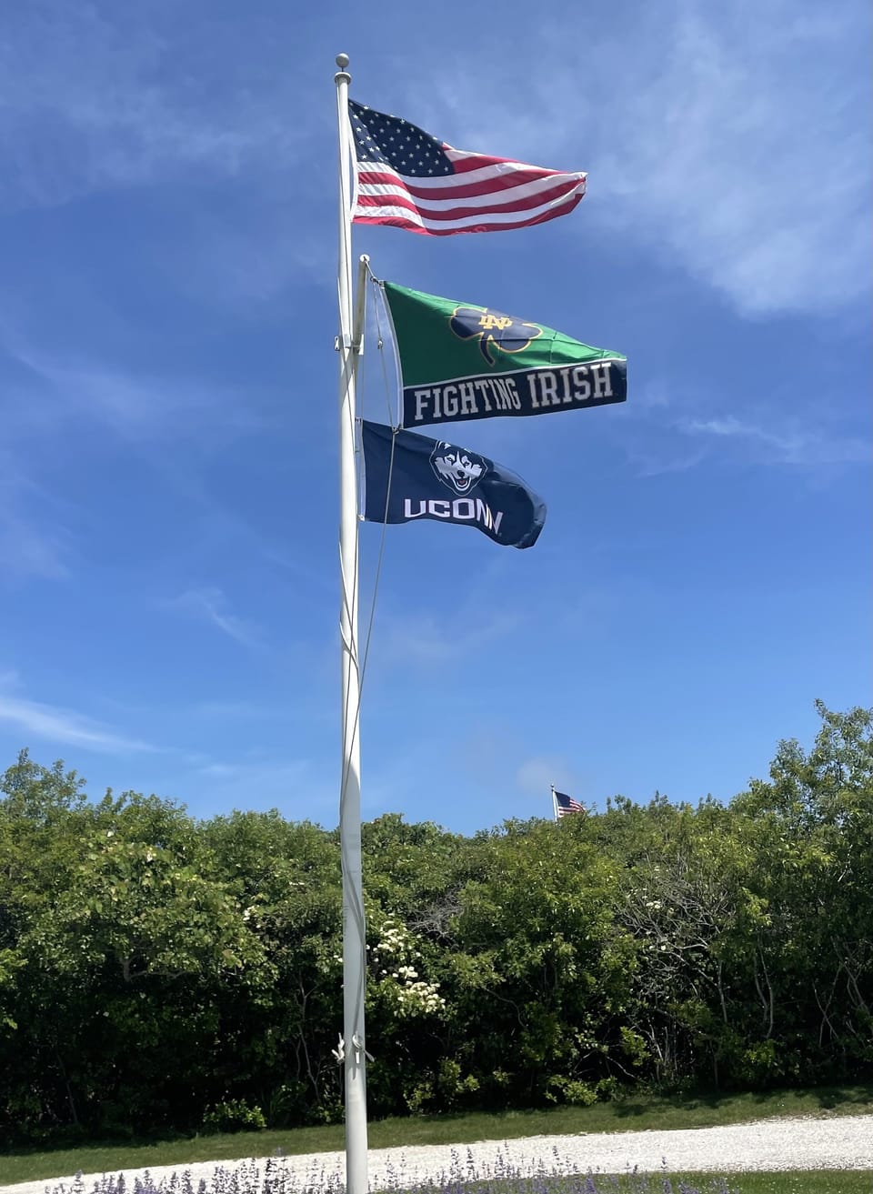 The large circular drive is highlighted by our flagpole. 