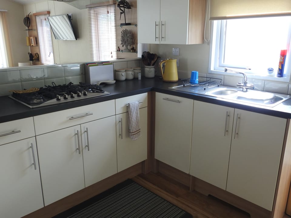 Kitchen- dishwasher behind door underneath drainer 