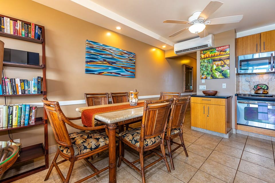 Enjoy the dining room table inside seating for six