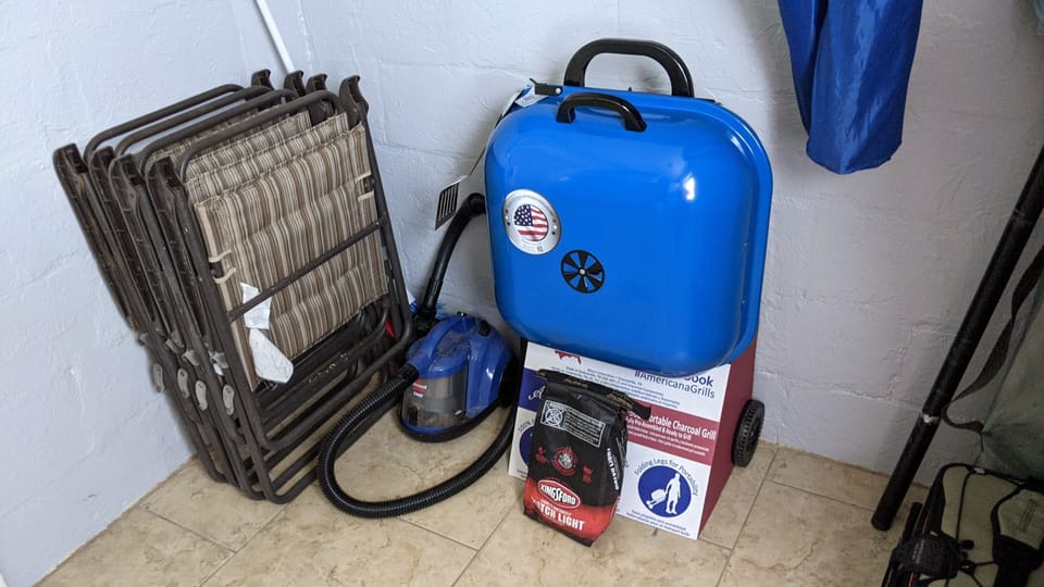 Barbeque, lawn chairs and umbrella, beach chairs and beach umbrella, cooler, etc