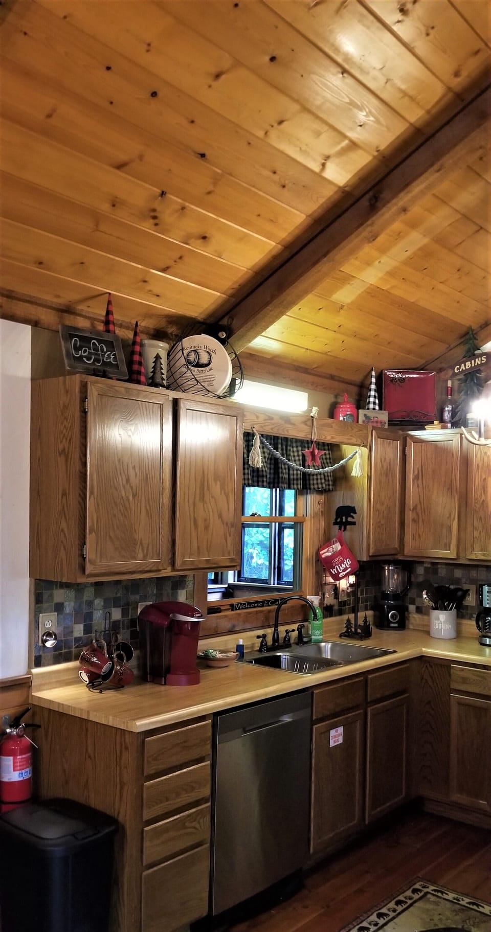 A fully equipped kitchen has plenty of counter space to prepare meals