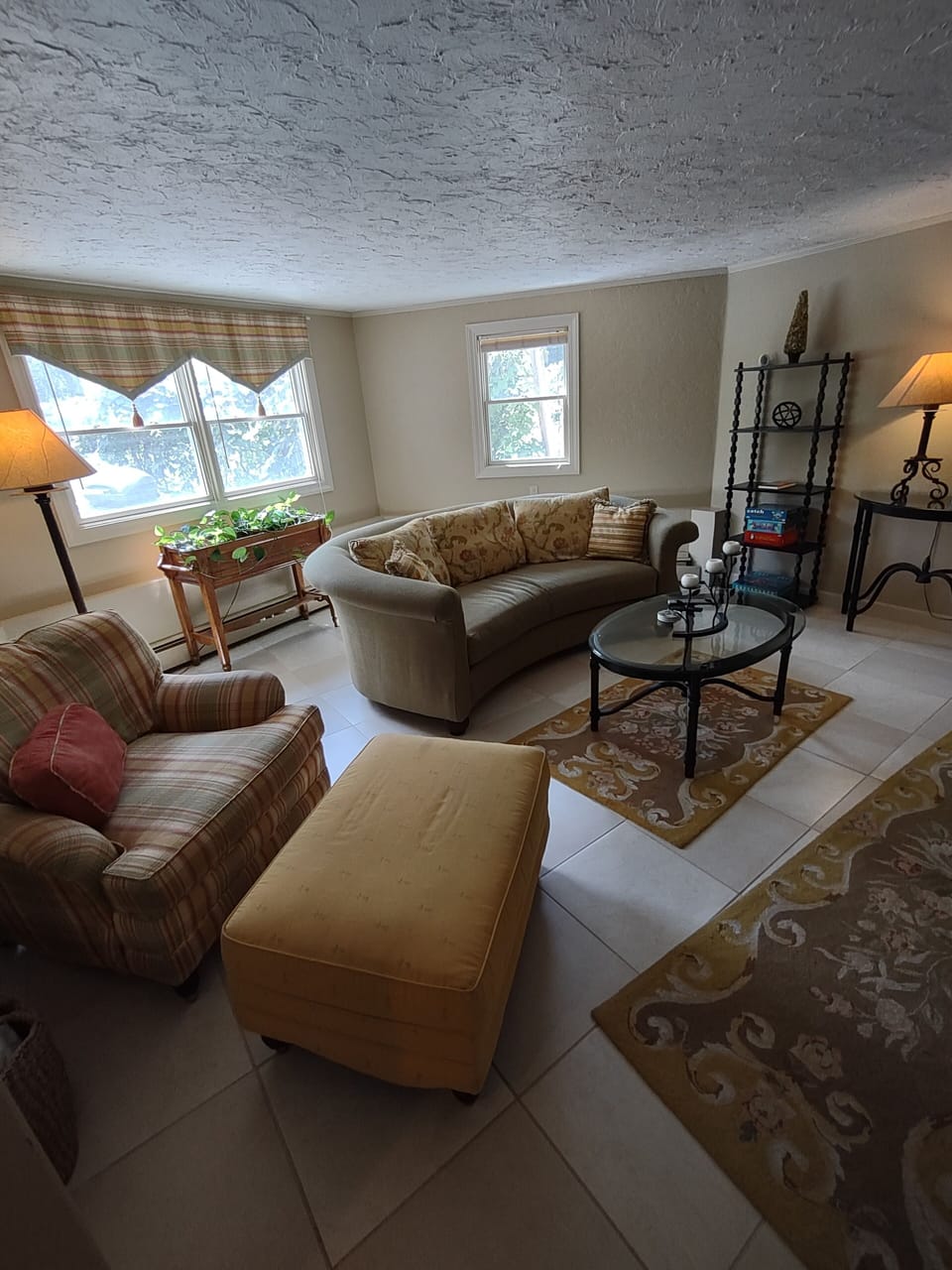 Furnished Living room, complete with Smart tv (fire stick) and DVD player.