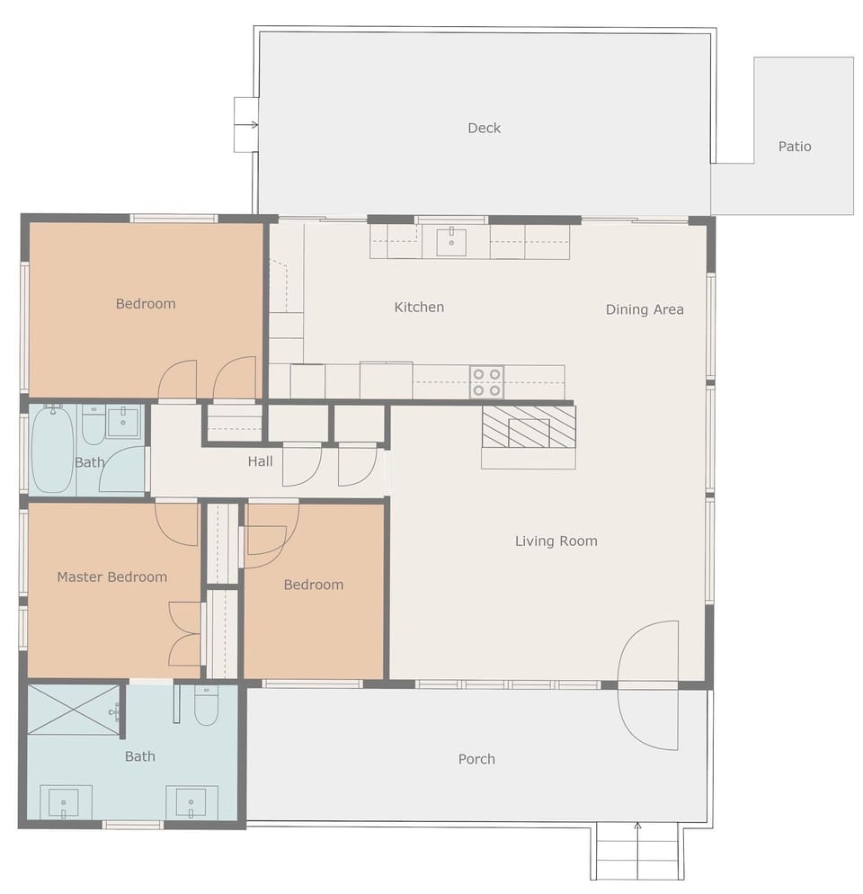 Floor plan — single-level layout with three bedrooms, two baths, deck, and porch