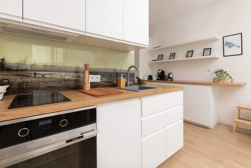Kitchenette with an oven.