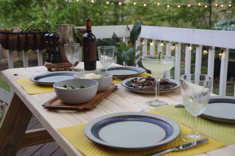 Dinner on the back deck is magical. Watch the deer stroll by and the sounds