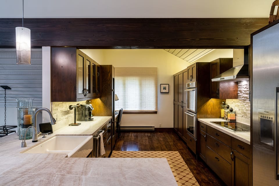 Thermador Appliances, Wine Refrigerator, Slab Counterops, Farmhouse Sink