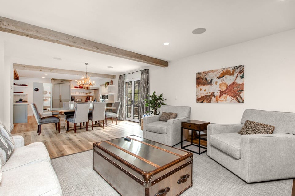 Main living area with dining room, kitchen, and living room