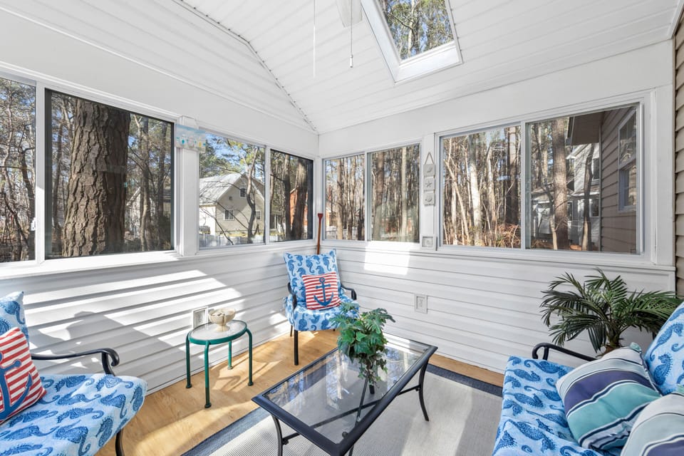 The sunroom offers quiet and solitude. Listen to the sounds of nature. 