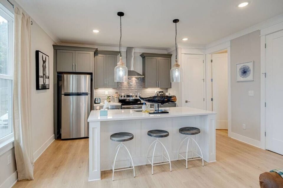 Full kitchen with island and pantry