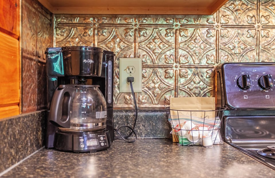 Convenient coffee maker setup in the kitchen at Edgeview Chalet near Deep Creek.
