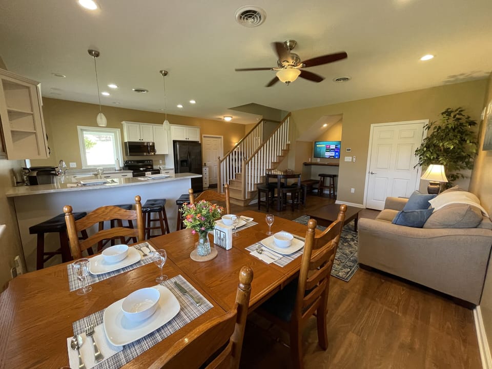 Open plan kitchen and dining/living area.