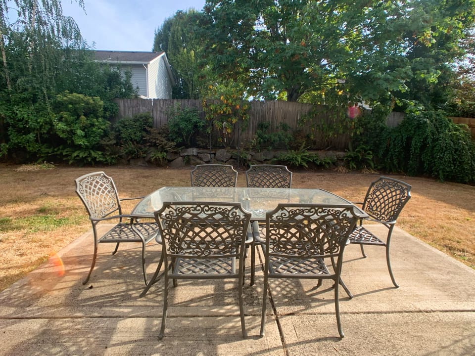 outdoor fun,  fully-fenced, with outdoor dining table set and propane grill. 