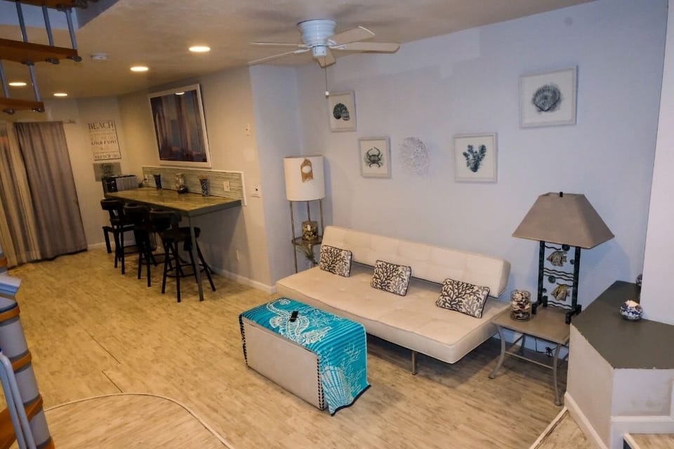 living room with leather futon couch used also for sleeping.