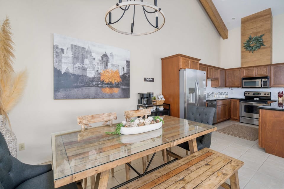 Spacious kitchen includes large dining table. Stocked with everything you need