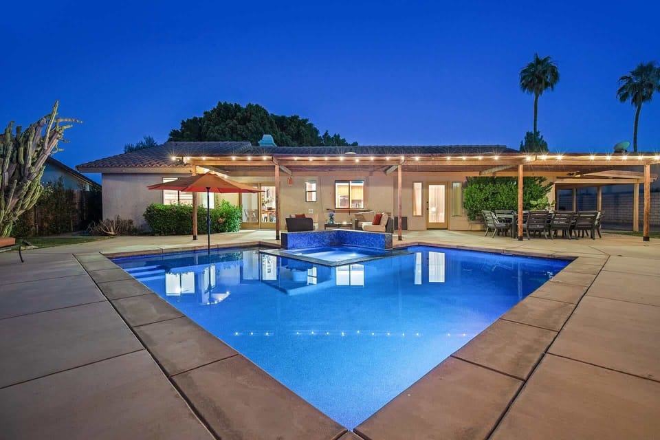 Custom shaped saltwater pool + spa heated for your enjoyment