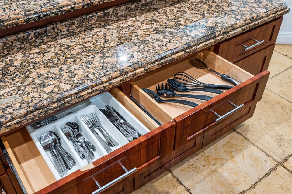 Dining utensils, cooking basics and spices are provided.