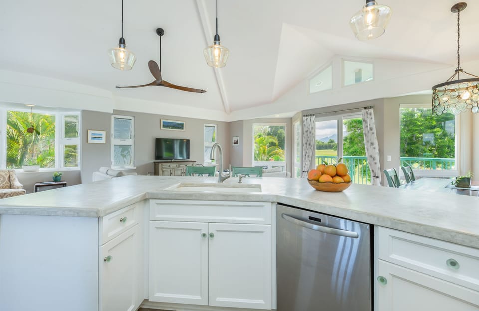 Expansive, airy kitchen space with distant views.  