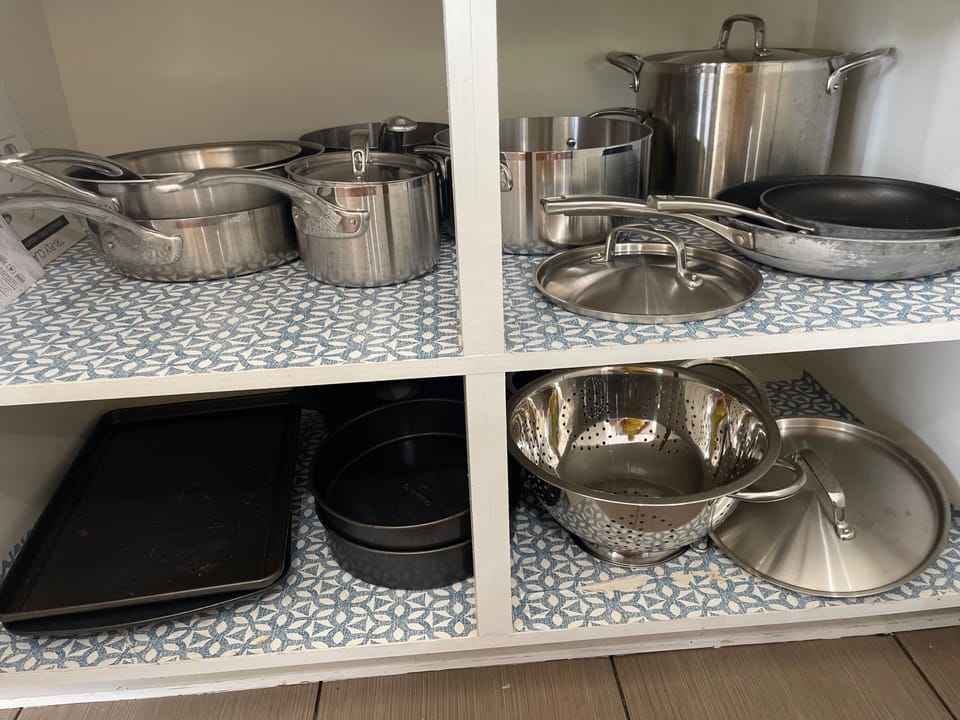 Pots & pans of all sizes, with backups.