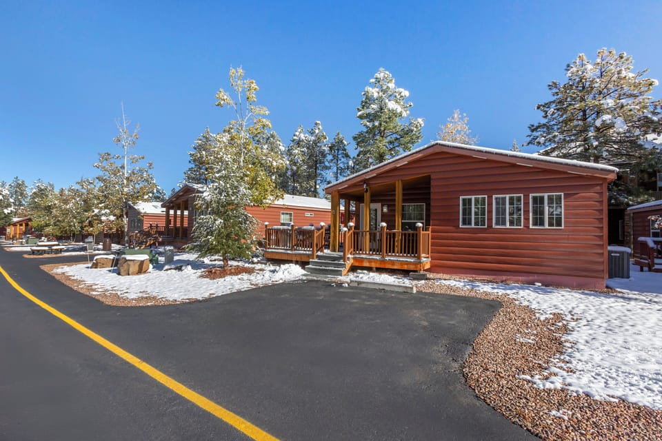 Arrive to charming cabins framed by fresh mountain snow.