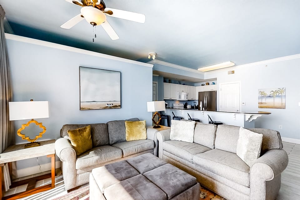 Queen sleeper sofa in the living room—extra flexibility for 6 guests