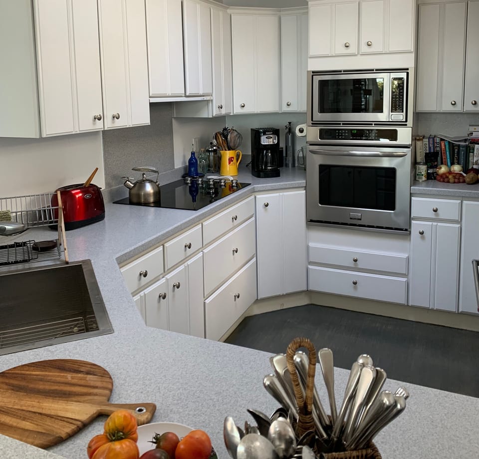 Our kitchen is compact but well stocked.