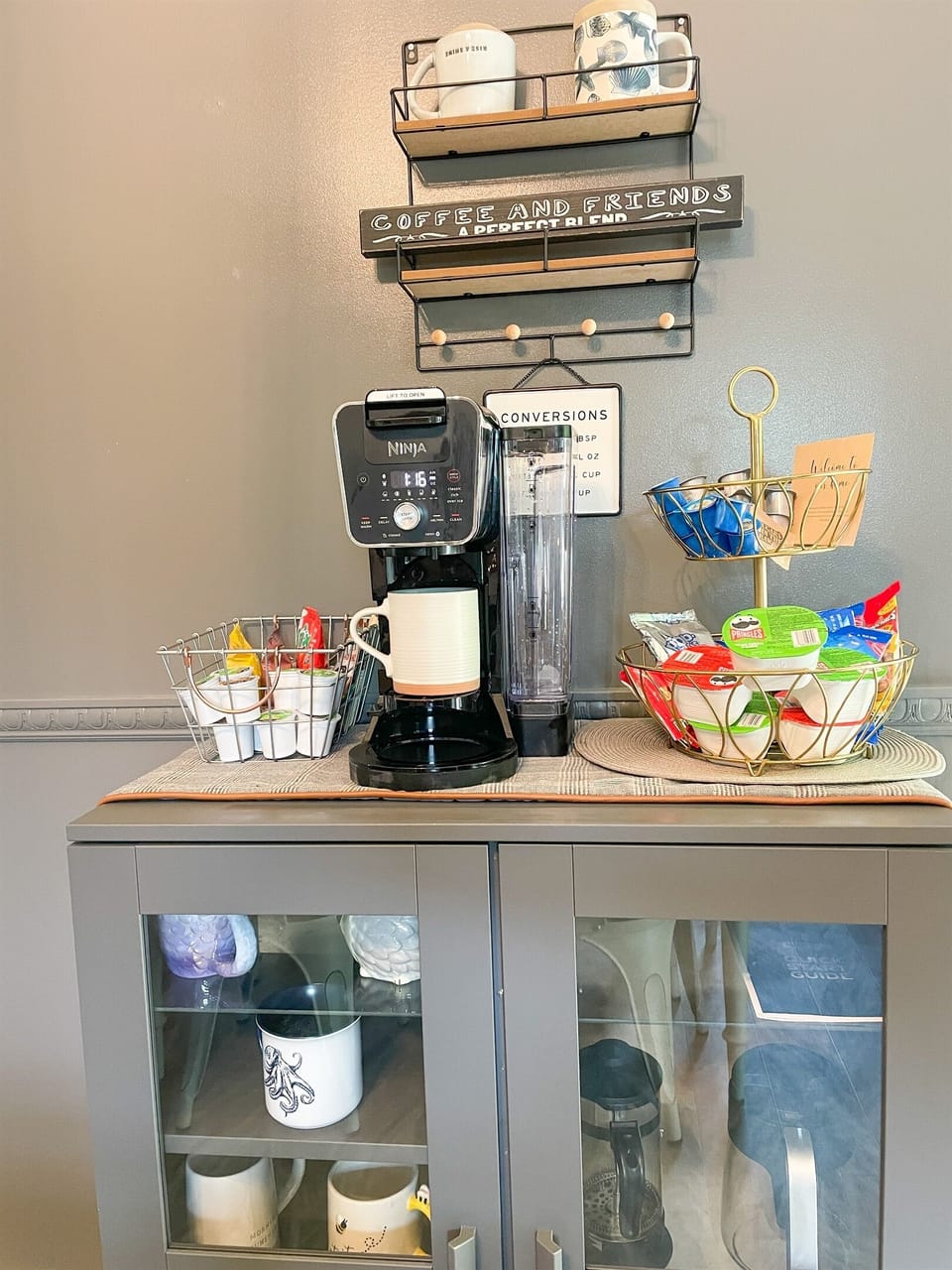 Coffee bar features Keurig and French Press