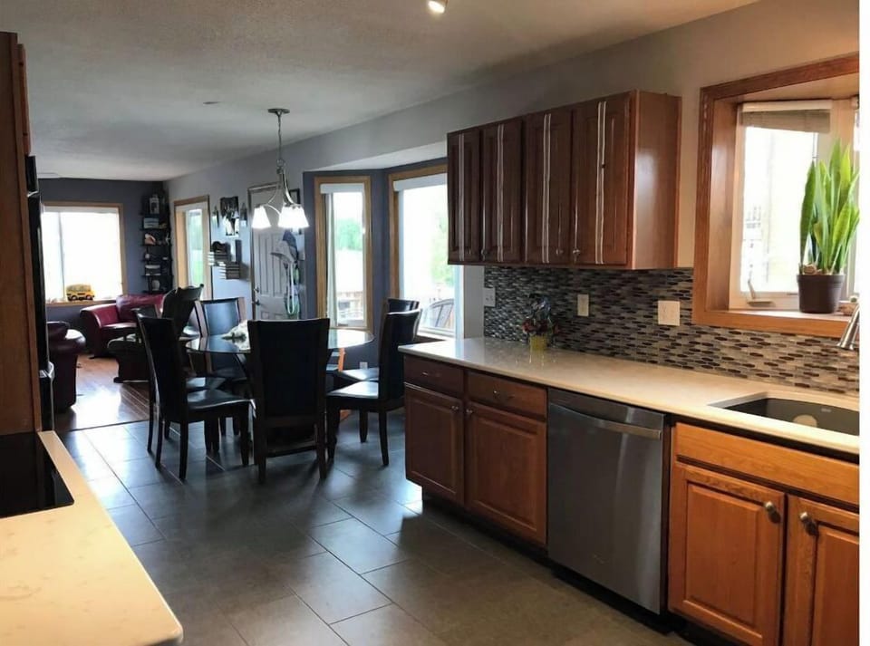 Kitchen, dining room, living room open area.