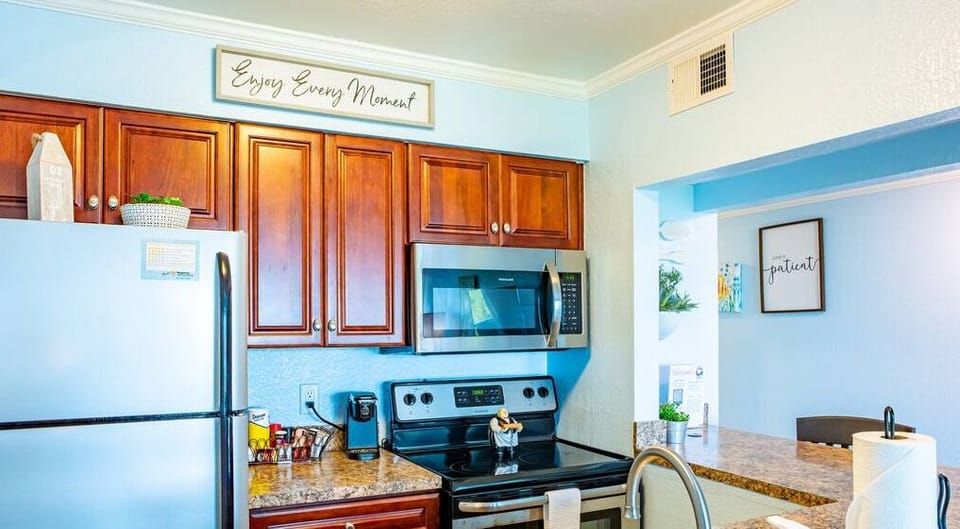 Feel like staying in? We have you covered with this full kitchen with stove, oven, microwave, and dishwasher. 