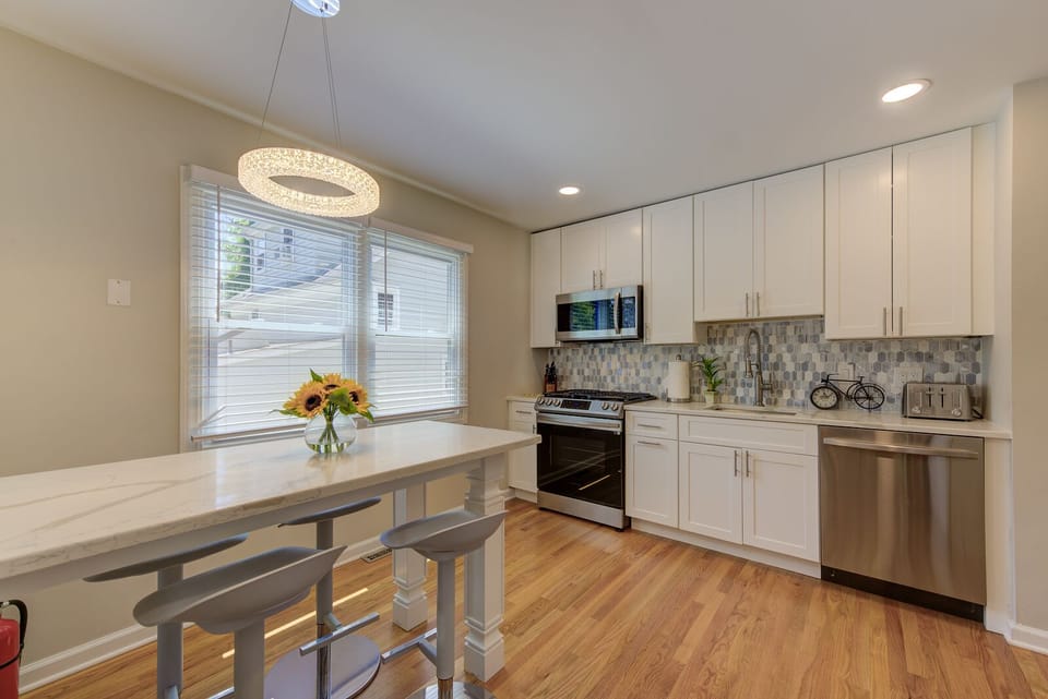 Cook up some dinner in the fully stocked kitchen with stainless steel appliances
