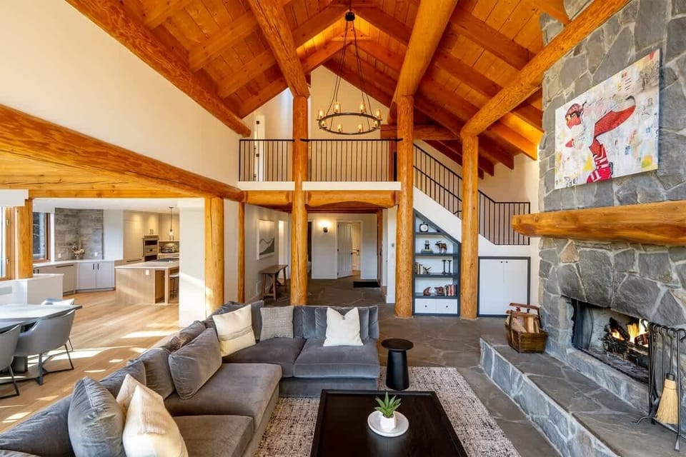 A stylish living area complete with a wood-burning fireplace