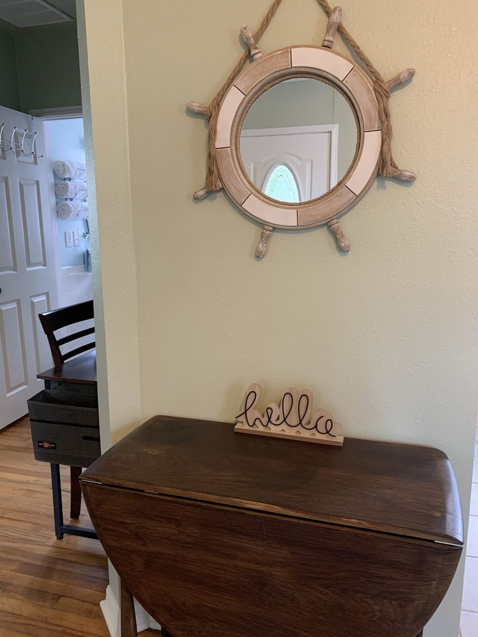 Drop leaf table for dining, chairs and a stool are in the house to use