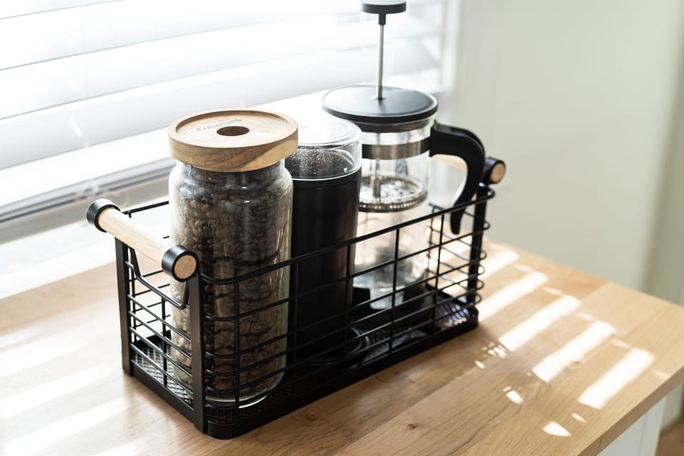 We have a press pot, coffee and a 6 cup coffee maker for guests. 